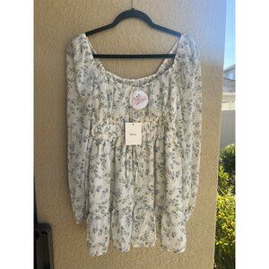 NWT white and blue floral print shorts romper, off-the-shoulder MEDIUM